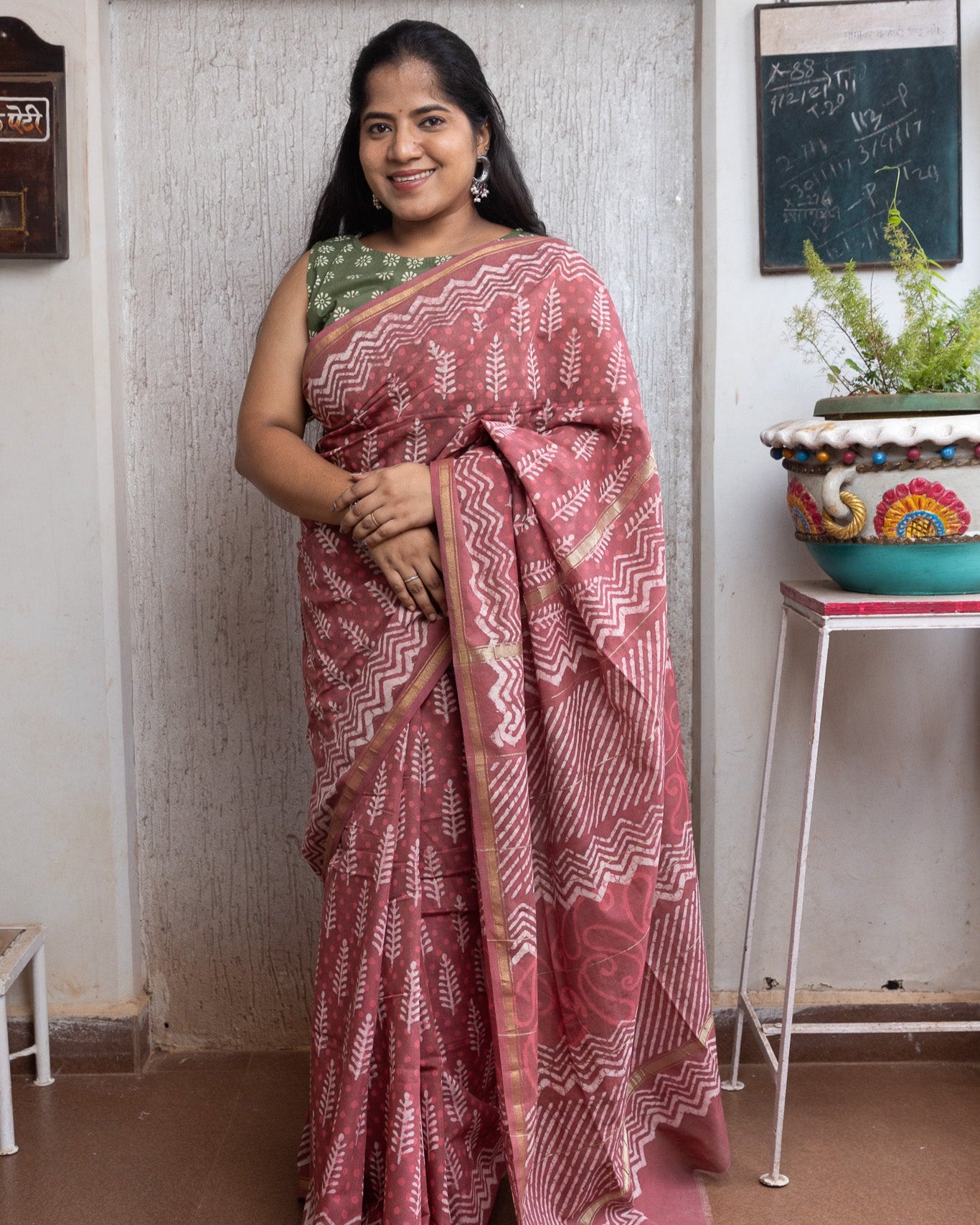 Ruby Block-Printed Chanderi Saree
