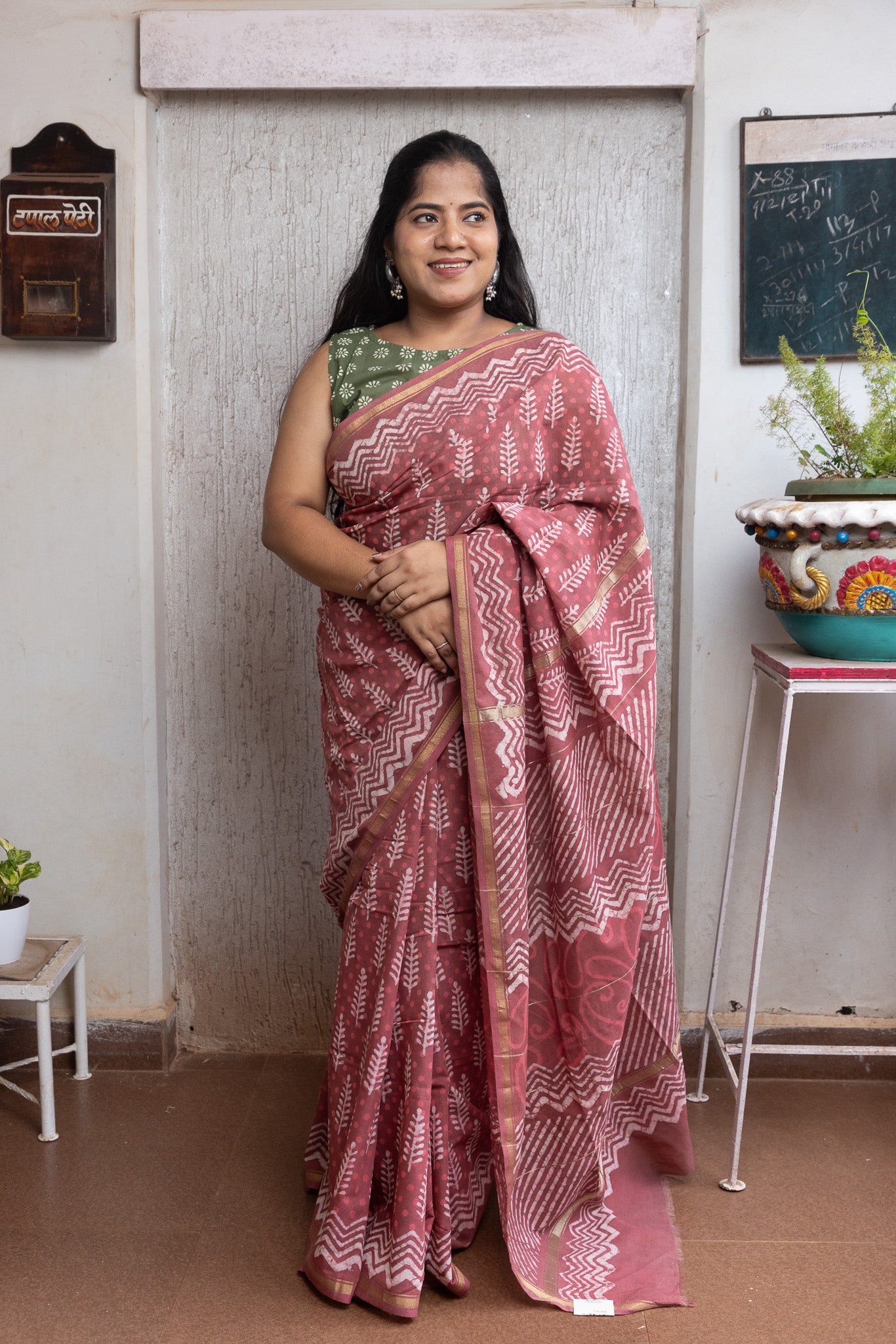 Ruby Block-Printed Chanderi Saree