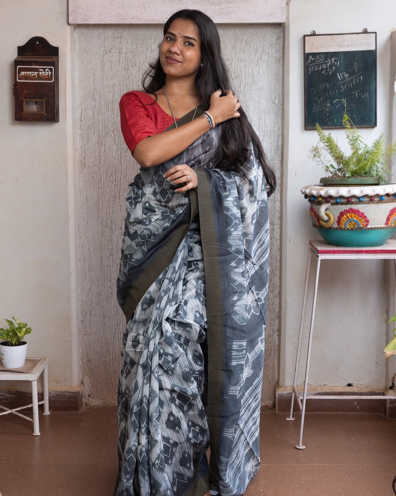 Slate Block-Printed Chanderi Saree
