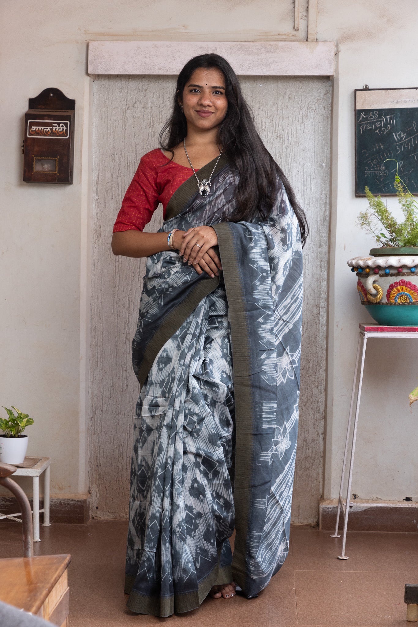 Slate Block-Printed Chanderi Saree