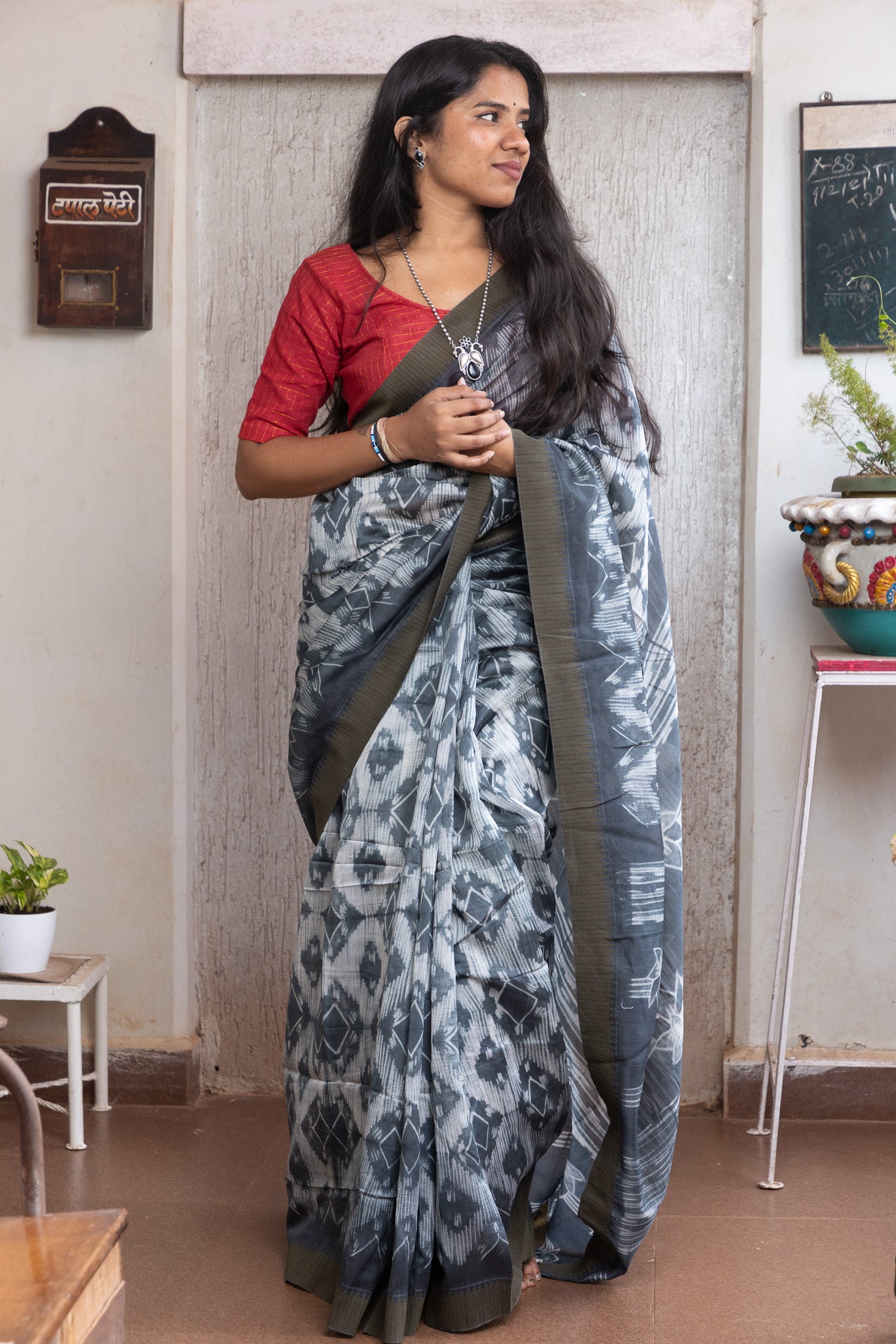 Slate Block-Printed Chanderi Saree