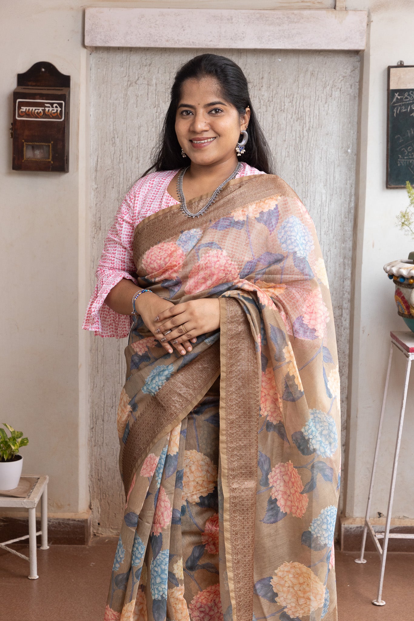 Light Brown Digital Print Chanderi Saree