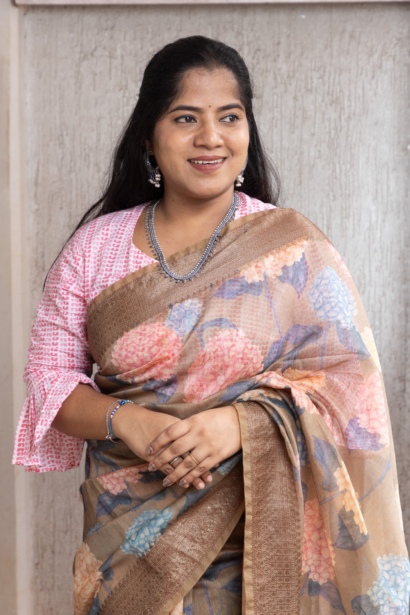 Light Brown Digital Print Chanderi Saree