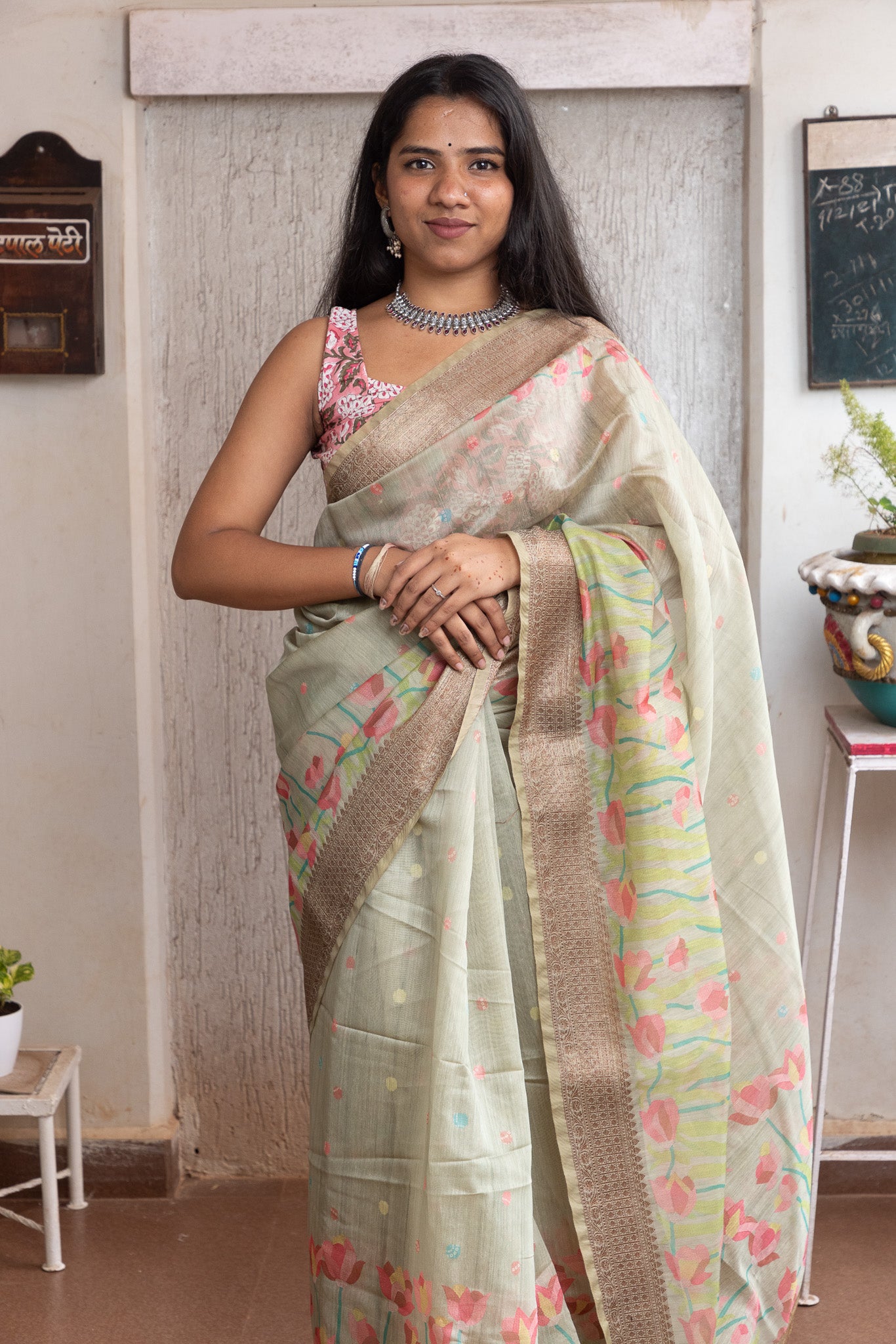 Seafoam Digital Print Chanderi Saree