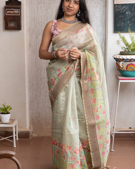 Seafoam Digital Print Chanderi Saree
