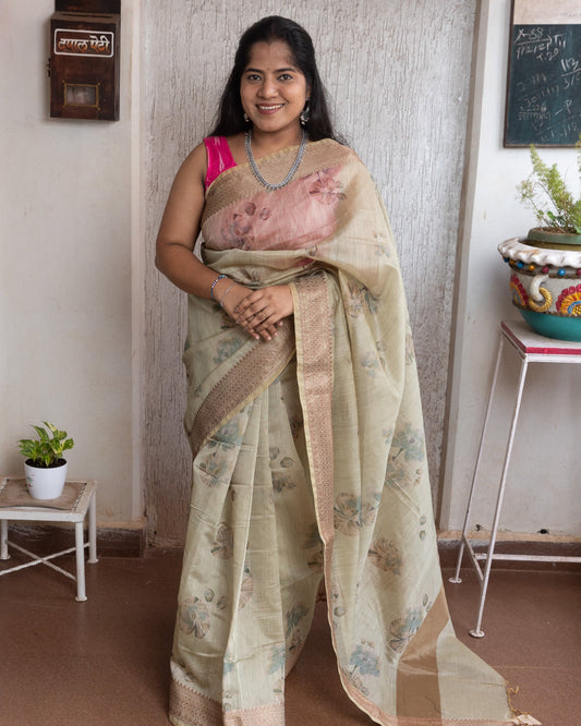 Olive Digital Print Chanderi Saree