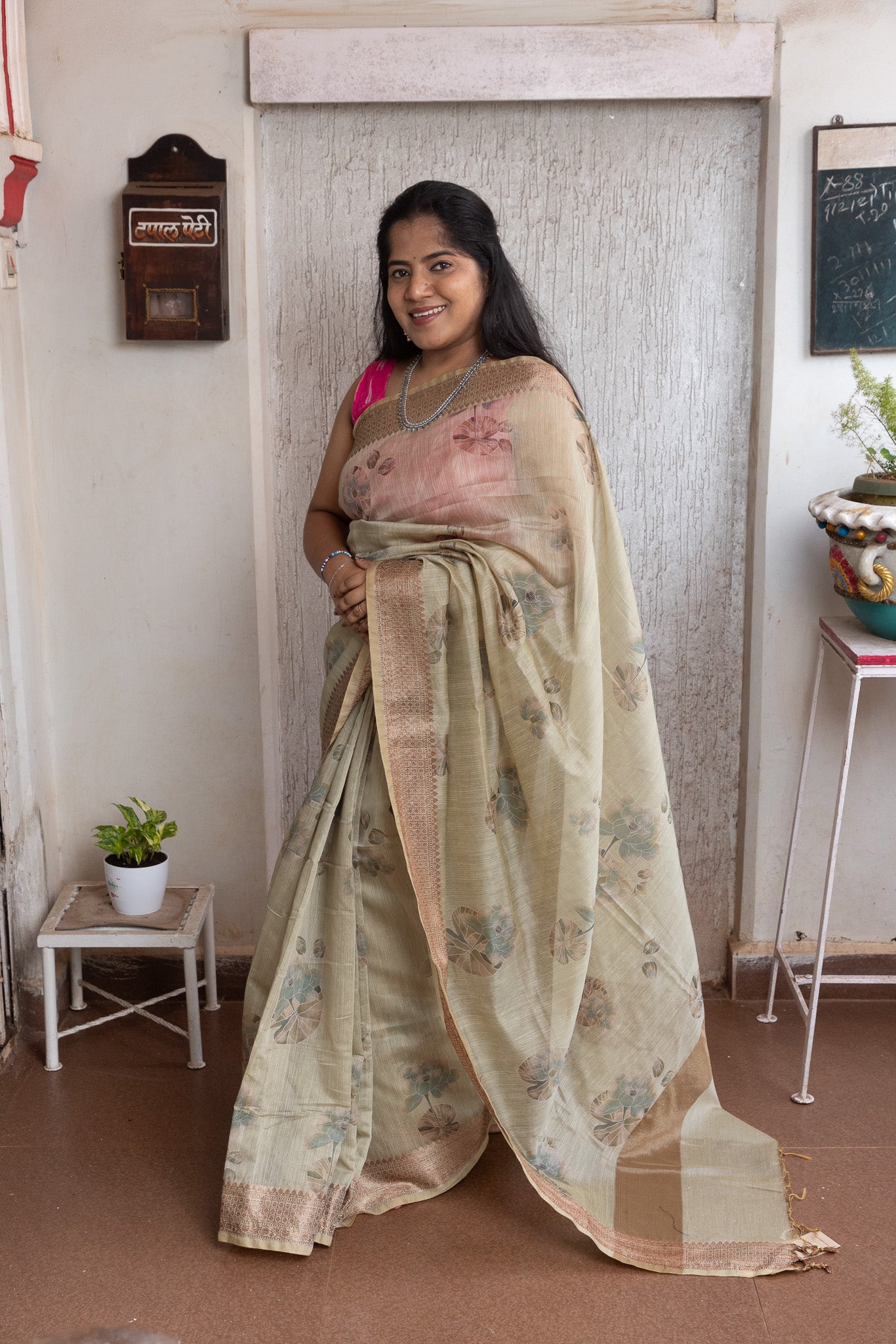 Olive Digital Print Chanderi Saree