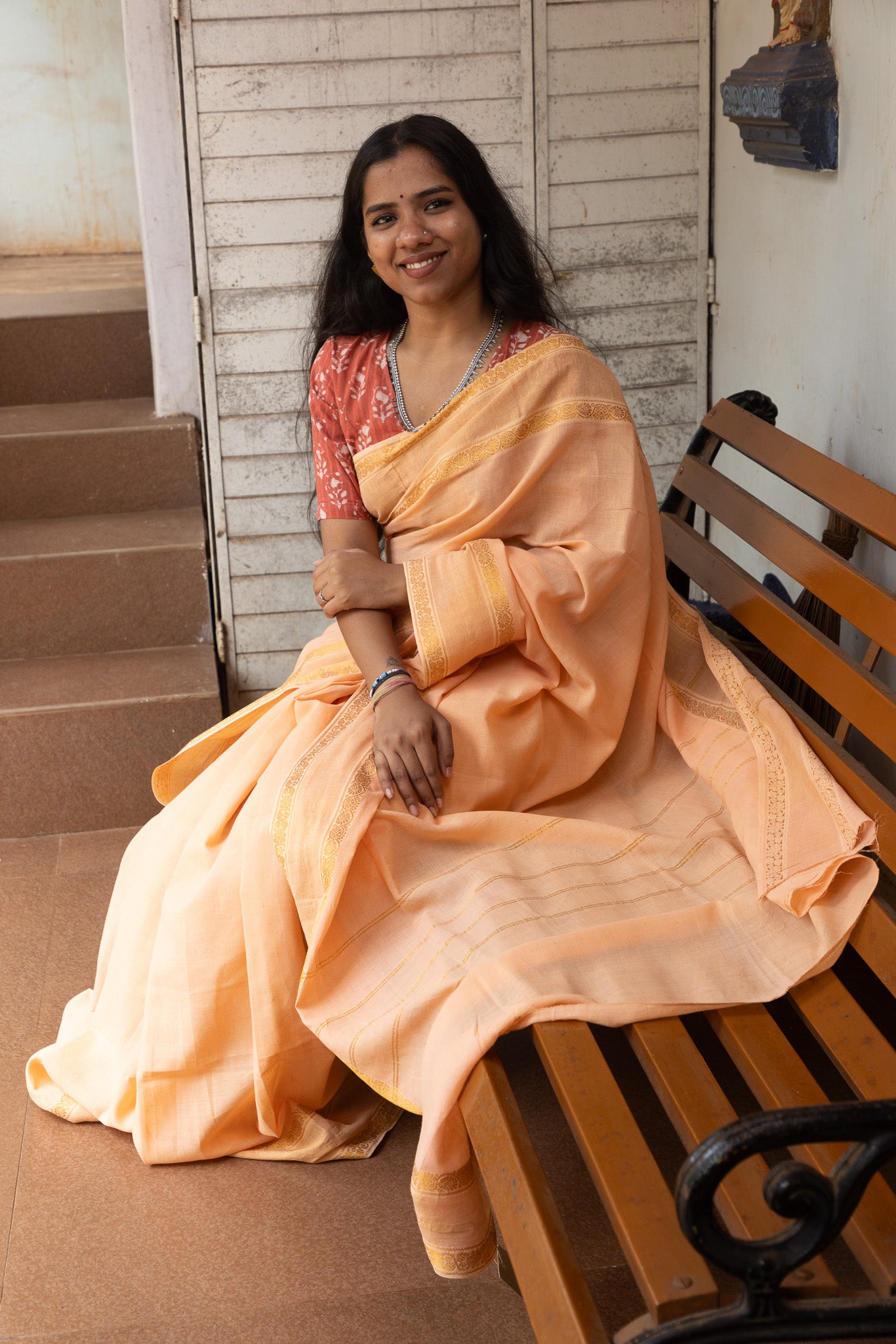 Creamy Peach Plain sungudi sari