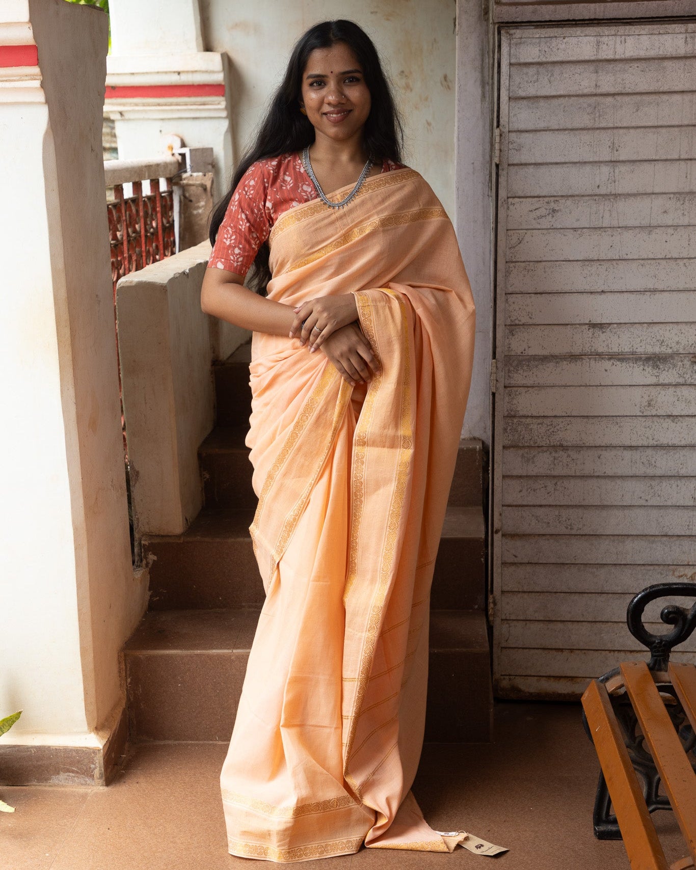 Creamy Peach Plain sungudi sari