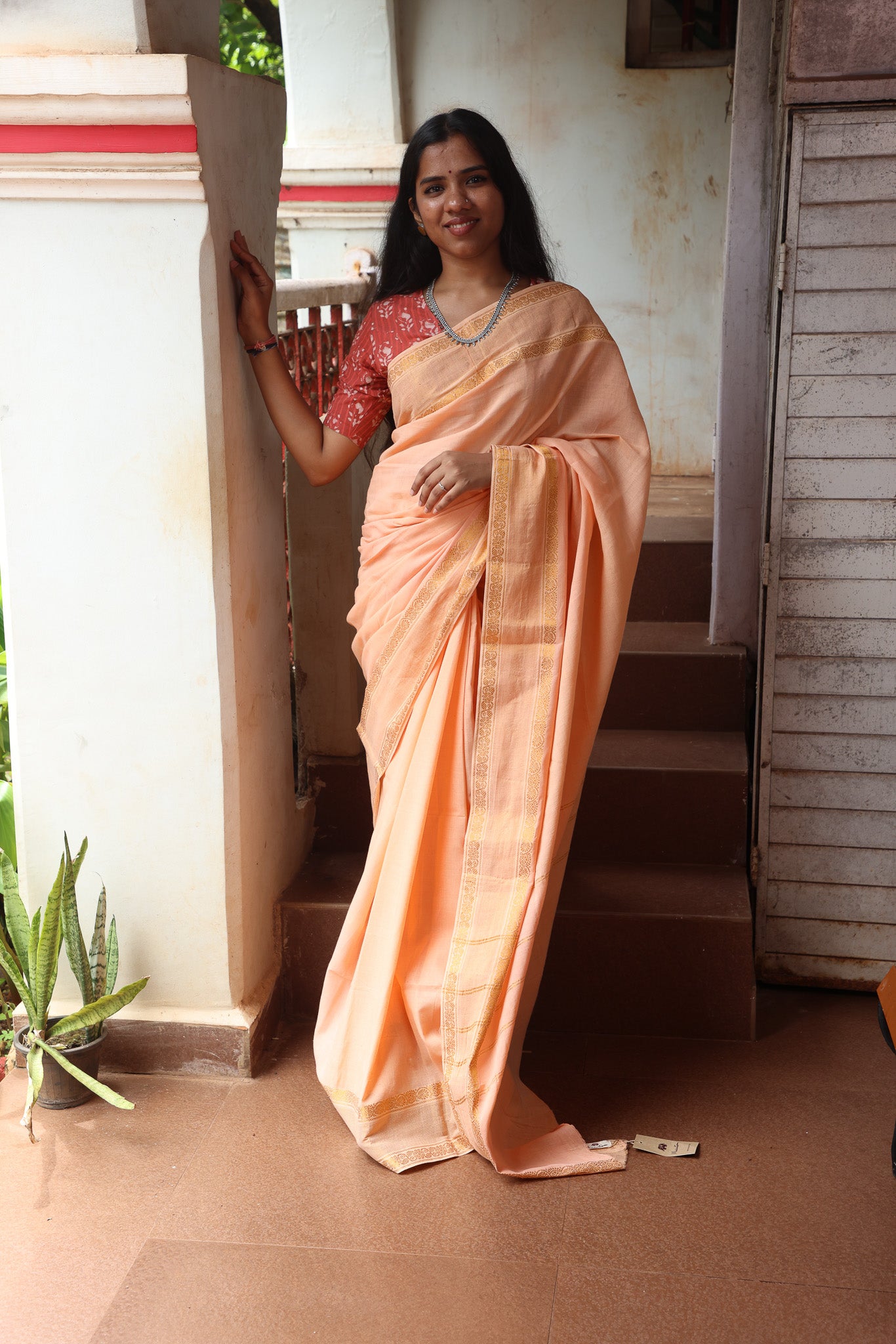 Creamy Peach Plain sungudi sari