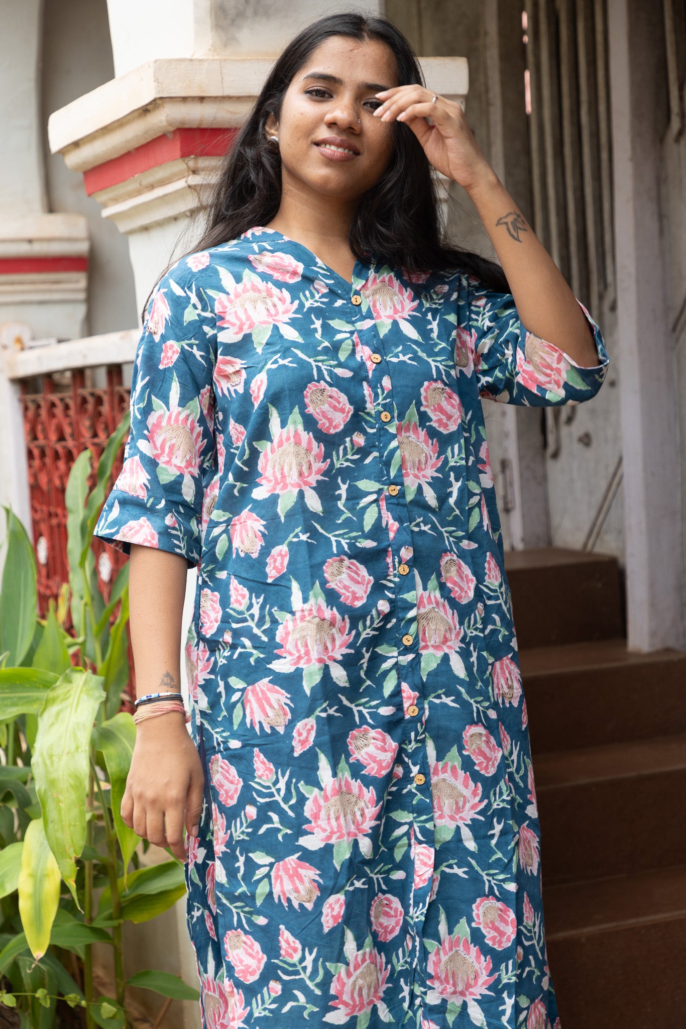 Peacock Green Block Printed Cotton Long Kurta