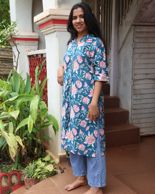 Peacock Green Block Printed Cotton Long Kurta