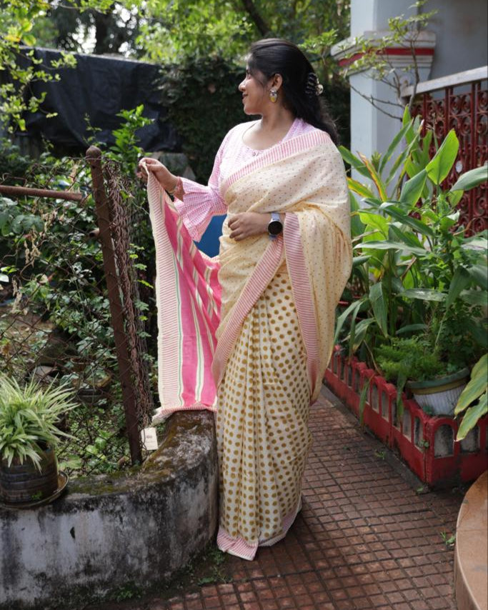 Light Cream Block Printed Cotton Saree