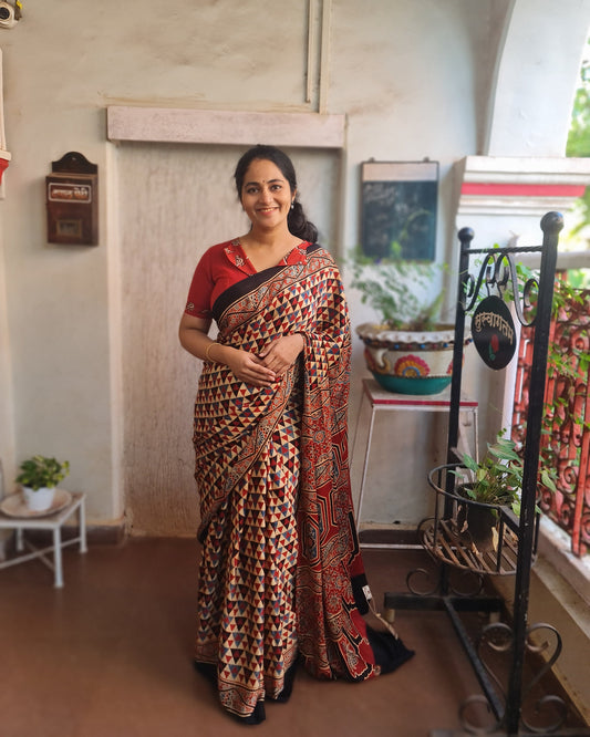 Maroon And Cream Ajrakh Modal Silk Saree