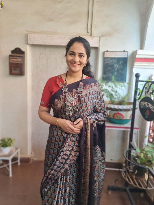 Black Ajrakh Modal Silk Saree