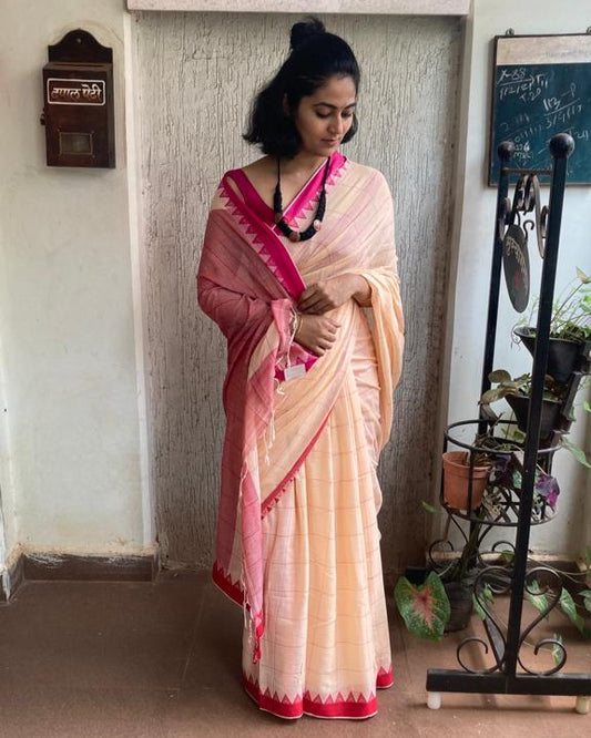 Beige And Pink Cotton Saree
