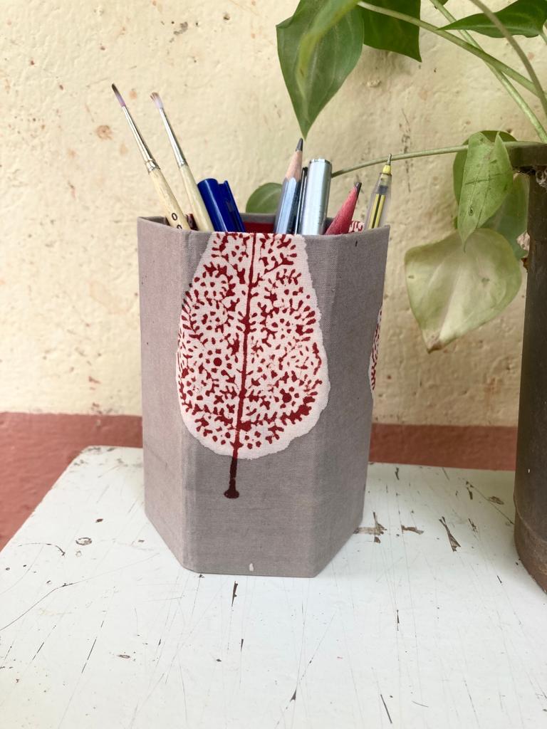 Tan Fabric-Covered Pen Stand